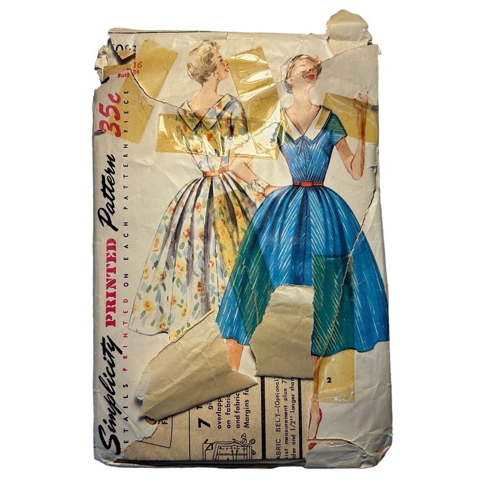 Simplicity Vintage 1950's Pattern #1081 Misses‎ Dress Detachable Collar Size 16